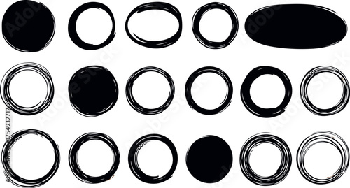 Collection of hand drawn oval shapes and circles with textured brush strokes and solid fill