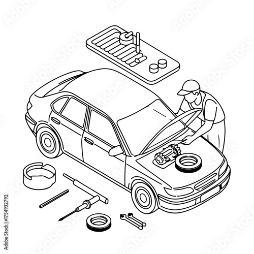 A car mechanic repairs a car. Vector illustration in isometric line art