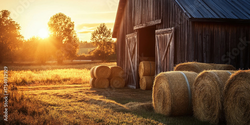A barn with hay bales in front of it