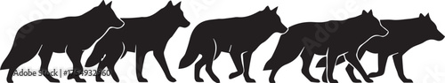 Silhouetted pack of wolves running together in unity across a white space