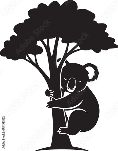 Adorable koala silhouette clinging to a lush tree branch wildlife silhouette design