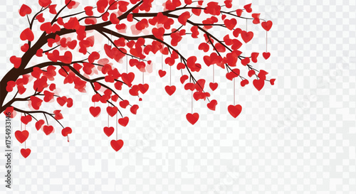 Vector illustration of tree branch with red heartshaped leaves hanging