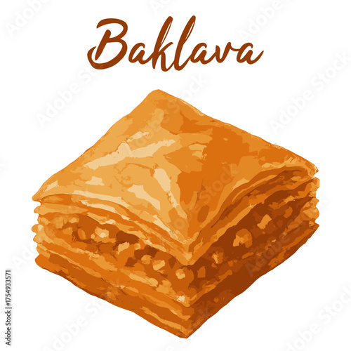 baklava in watercolor illustration style, isolated vector on white background