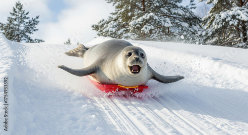 Playful seal enjoying a fun ride down a snowy hill on a red sled, creating a cute and funny winter holiday scene full of joy and energy.