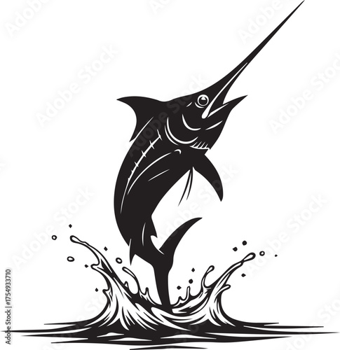 Dynamic black silhouette of a marlin leaping from splashing water in high contrast