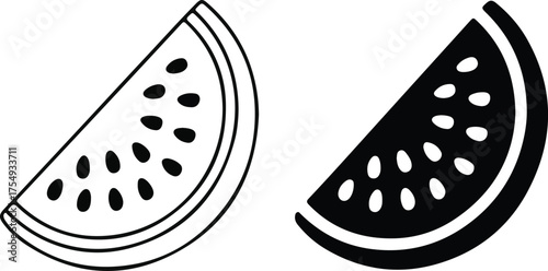 watermelon outline or line art illustration vector icon on transparent background. Black and white watermelon slice with seeds icon. Watermelon slice icon set. Vector illustration.