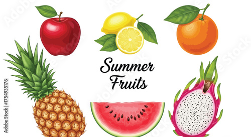 Vector illustration of a vibrant collection of summer fruits including apple, lemon, orange, pineapple, watermelon, and dragon fruit, artfully arranged