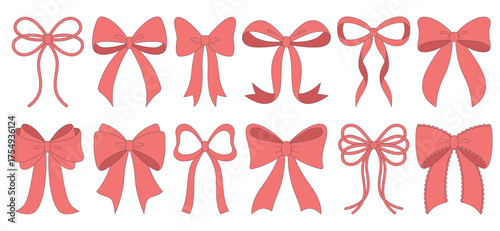 Set of various red decorative ribbon bows for gift holiday cards, birthday decor, packaging, baby shower decor. Flat vector illustration isolated on a white background.