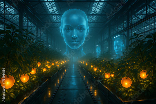 Botanical Sanctum: A futuristic greenhouse, infused with the aura of technology and nature, creating a surreal sanctuary where glowing orbs and digital visages interact.
