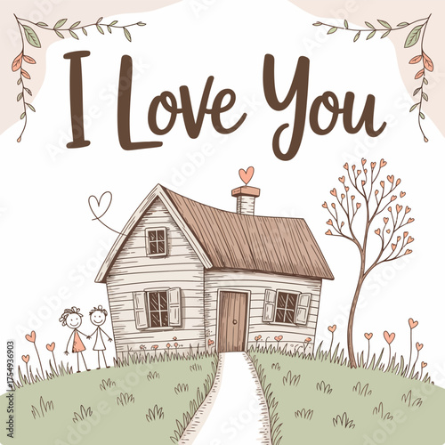 I Love You Home: A heartwarming illustration captures a simple yet profound message of love, featuring a cozy cottage, two figures holding hands, and a sprig of flourishing greenery.