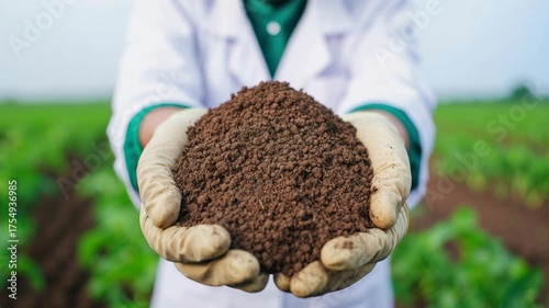 Close-up of Scientist Holding Rich Soil Sample in Agricultural Field under Clear Sky to Highlight Importance of Soil Health