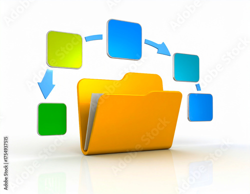 Carpetas y archivos de datos en la nube, concepto de almacenamiento y comunicación en internet.