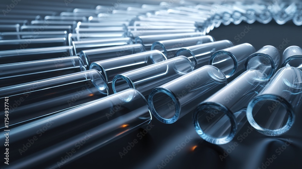 Fototapeta premium Glass test tubes arranged in a row, with a dark background and a reflective surface.
