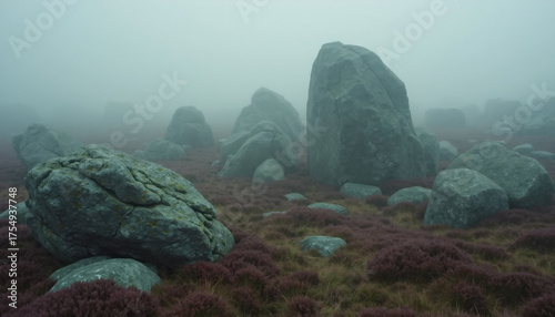Misty Boulders in Heather Field