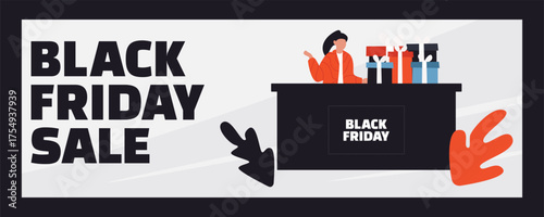 A female salesperson standing behind the cash register with gifts during a Black Friday sale, store interior, discount shopping banner, festive illustration