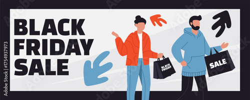A woman and man with shopping bags, gift boxes and a basket walking back from a Black Friday sale, festive shopping illustration, big sale banner
