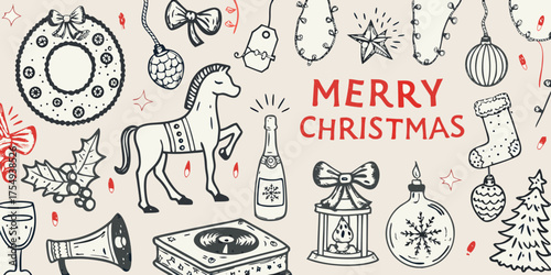 Hand drawn doodle illustrations of christmas decorations and festive elements on a cream background