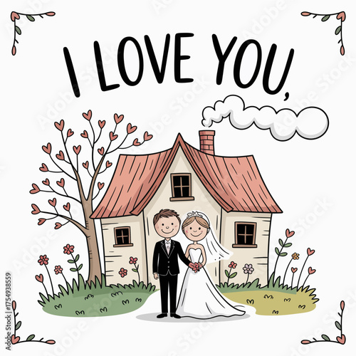 Eternal Vows: A charming illustration depicts a radiant couple, standing before their dream home, surrounded by a garden of love, expressing eternal affection.