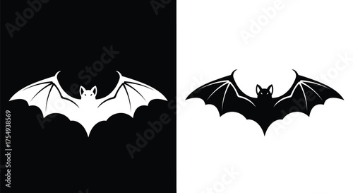 Vector illustration of two stylized bat silhouettes, one white on black and one black on white