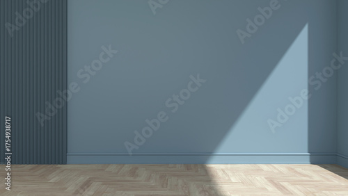 Empty wall. Image of wooden floor and blue wall with light / empty space for your design. 3D illustration.
