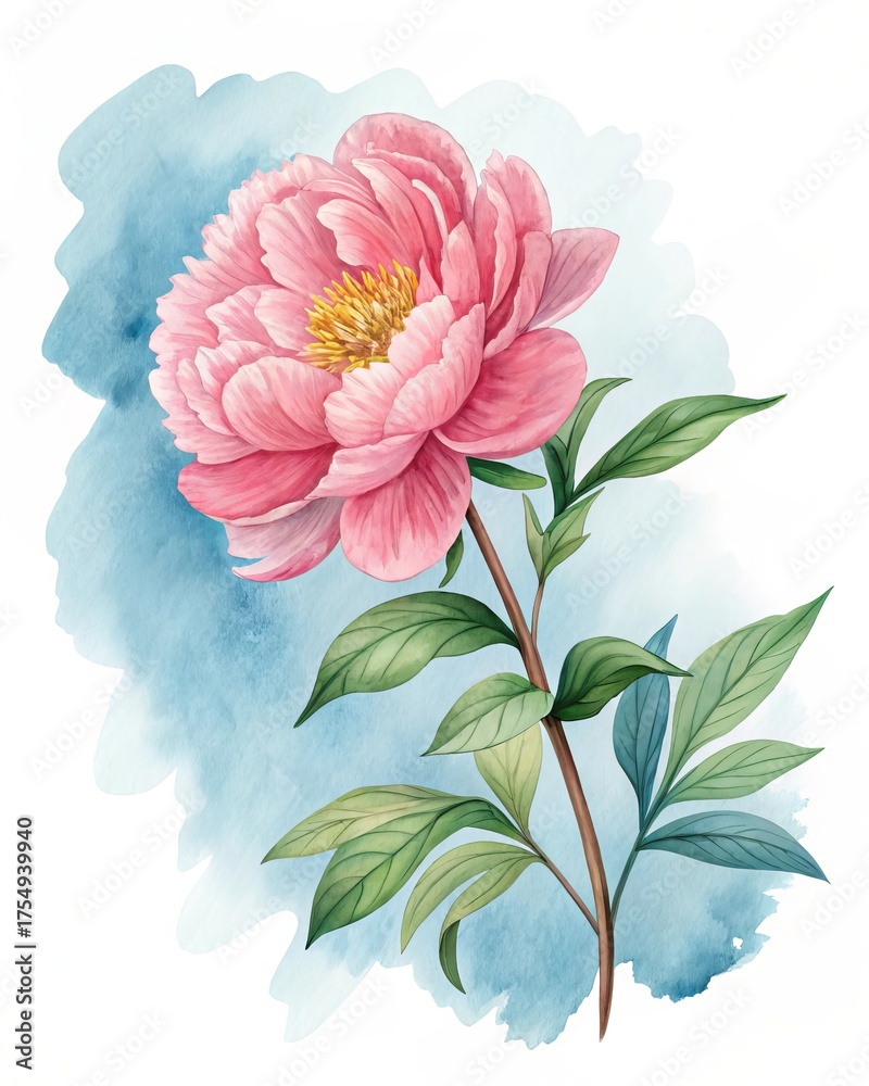 Obraz premium Illustration of watercolor peony isolated on white background with a blue watercolor wash