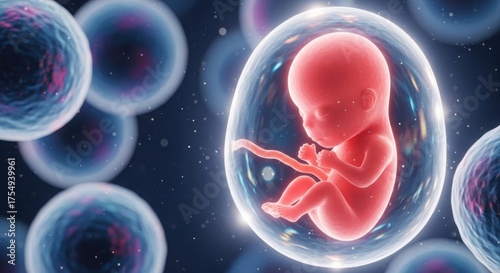 Human fetus developing inside amniotic sac surrounded by cells illustration