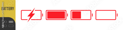 battery icon set with charge levels from full and low - charging symbol - representing power, energy storage, and readiness for use in electronic devices