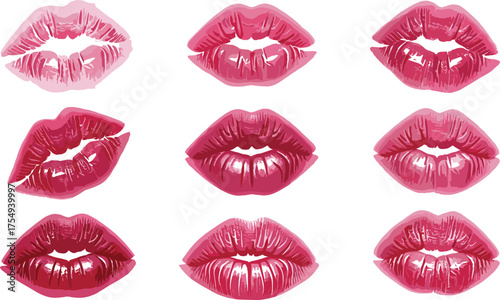Collection of Red Lipstick Kiss Prints for Fashion and Beauty Design Elements, Vector Illustration