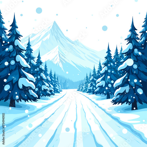 Snowy mountain road surrounded by pine trees winter landscape peaceful nature travel concept on a white background