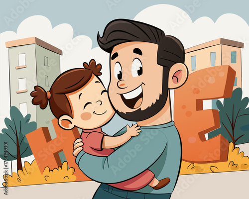 Joyful Father and Daughter Embrace in Urban Outdoor Setting Illustration