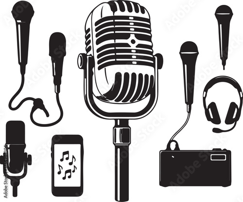 Assortment of Audio Recording Equipment and Devices Keywords: microphone, vintage microphone, retro microphone, studio microphone, podcast microphone, recording microphone, on transparent background