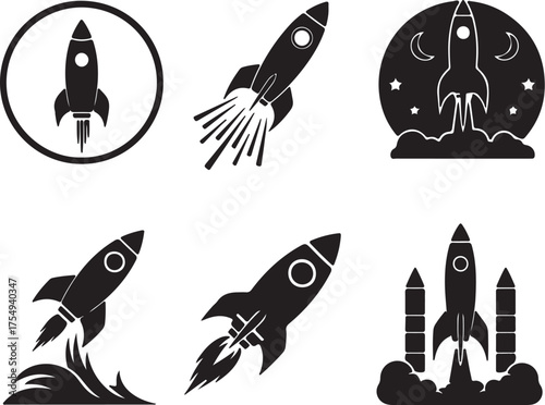 Six distinct rocket ship icons in silhouette, showcasing different launch and flight styles Keywords: rocket, spaceship, space, launch, flight, exploration, science, on transparent background