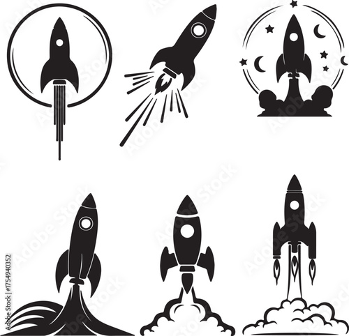 Six diverse rocket ship silhouette icons illustrating liftoff and space travel concepts Keywords: rocket, spaceship, space, launch, flight, exploration, science, technology, on transparent background