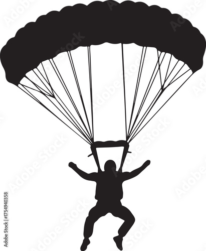 Silhouette of a skydiver with open parachute descending against a white background skydiving freefall on transparent background