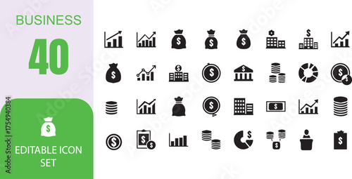 Collection of 32 business and finance icons representing growth money and success in a modern flat design style