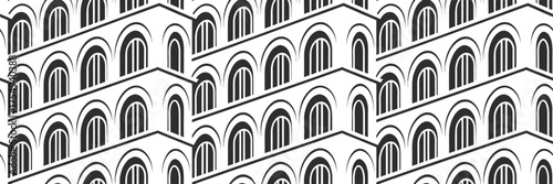 Seamless black and white architectural pattern with repeating arched windows, elegant geometric building facade design perfect for backgrounds, wallpapers, and modern decorative projects.