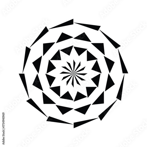 Intricate black and white geometric mandala pattern with sharp triangles and spirals
