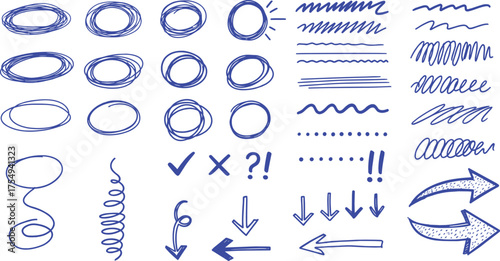 A collection of hand-drawn blue doodle elements including circles, lines, arrows, checkmarks, and question marks for creative design and illustration
