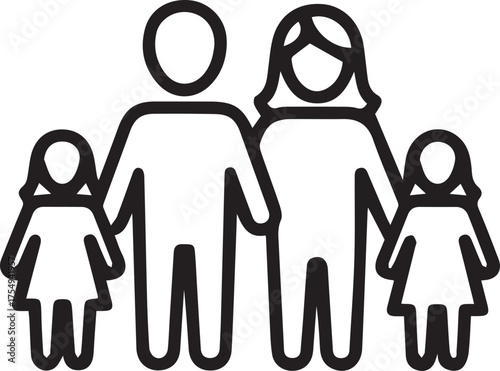 Happy family of four, parents and two children, standing together symbolizing unity, love, and belonging in a modern, clean style.