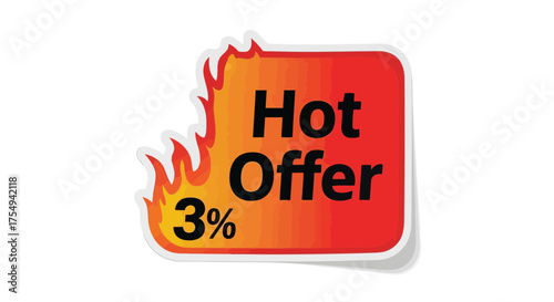 Hot offer sticker with flame 3 discount promotion vector design for marketing campaigns