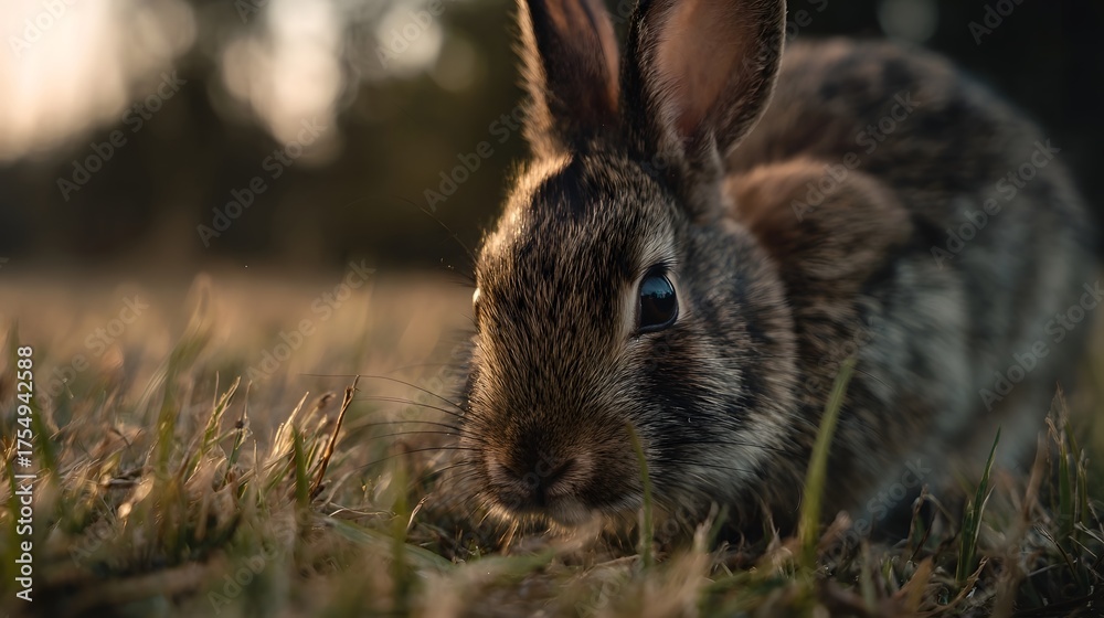 Fototapeta premium A wild rabbit sniffs fresh grass in the warm glow of the golden hour light