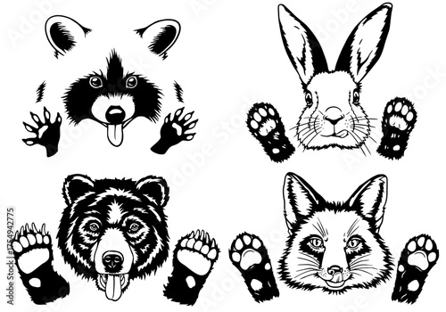 Black and white vector illustration of four cute animals — raccoon, rabbit, bear, and fox with paws. Playful minimalist style.