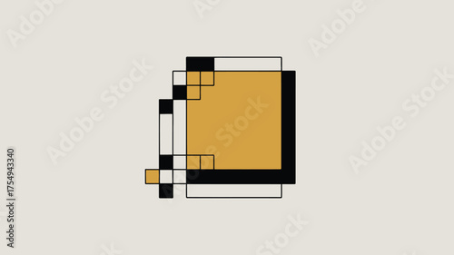 Abstract composition with mustard square and black and white lines on a light beige background