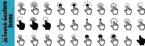 Modern touch gesture icon set collection featuring hand click, tap, swipe, and zoom symbols for app design, UI interface, mobile device, and digital interaction concepts.