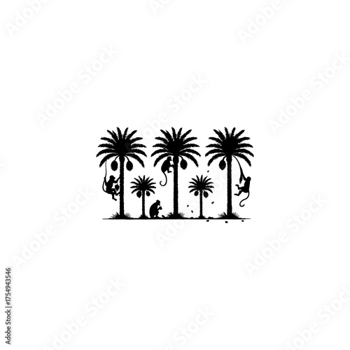 Palm trees and palm groves with elephants and monkeys