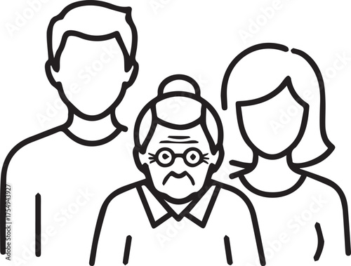 Three generations family portrait in modern minimalist line art style, representing unity, love, and diverse age groups for relatable concepts.