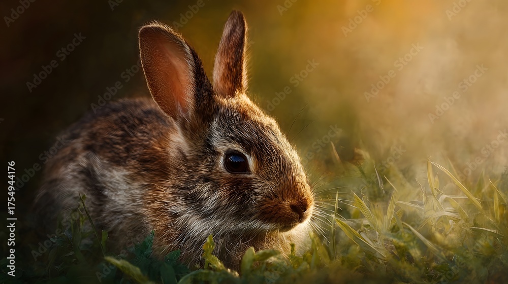 Fototapeta premium Young wild rabbit captured in detailed close up during golden hour with warm sunlight filtering through grass