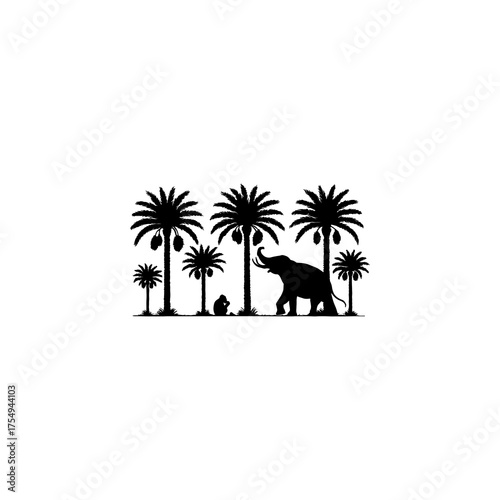 Palm trees and palm groves with elephants and monkeys
