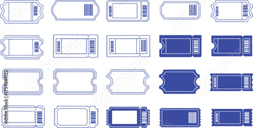 A diverse collection of blue vector ticket templates, showcasing various styles for admission, raffles, and event passes