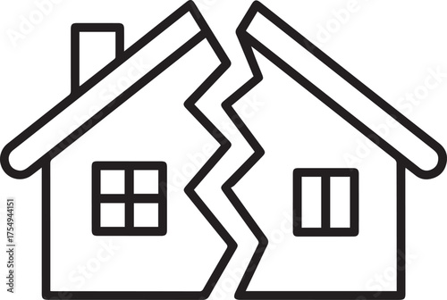 Symbolic representation of a broken home symbolizing division, dispute, or divorce with sharp, jagged lines creating a visual split down the center.